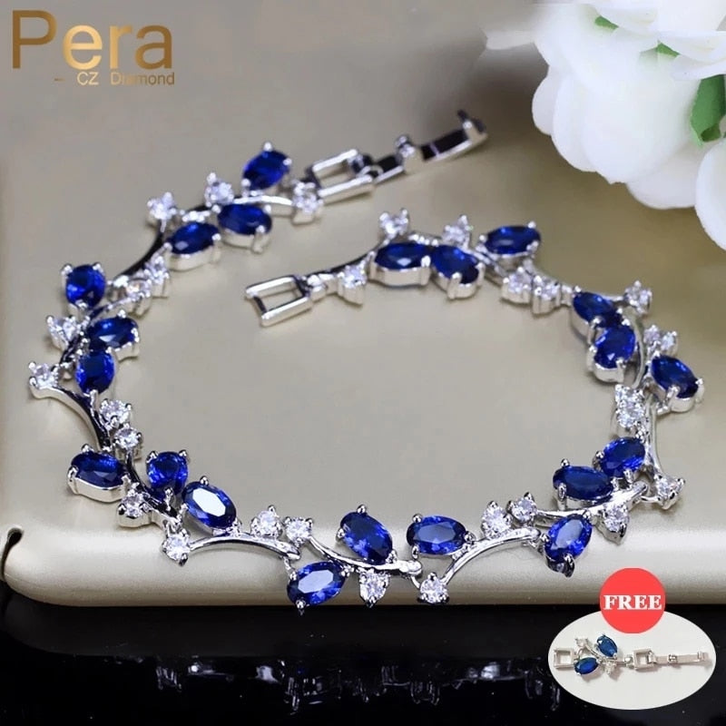 Pera Natural Royal Color Women Jewelry 925 Sterling Silver Dark Blue CZ Crystal Topaz Bracelets and Bangle for Party Gift B042