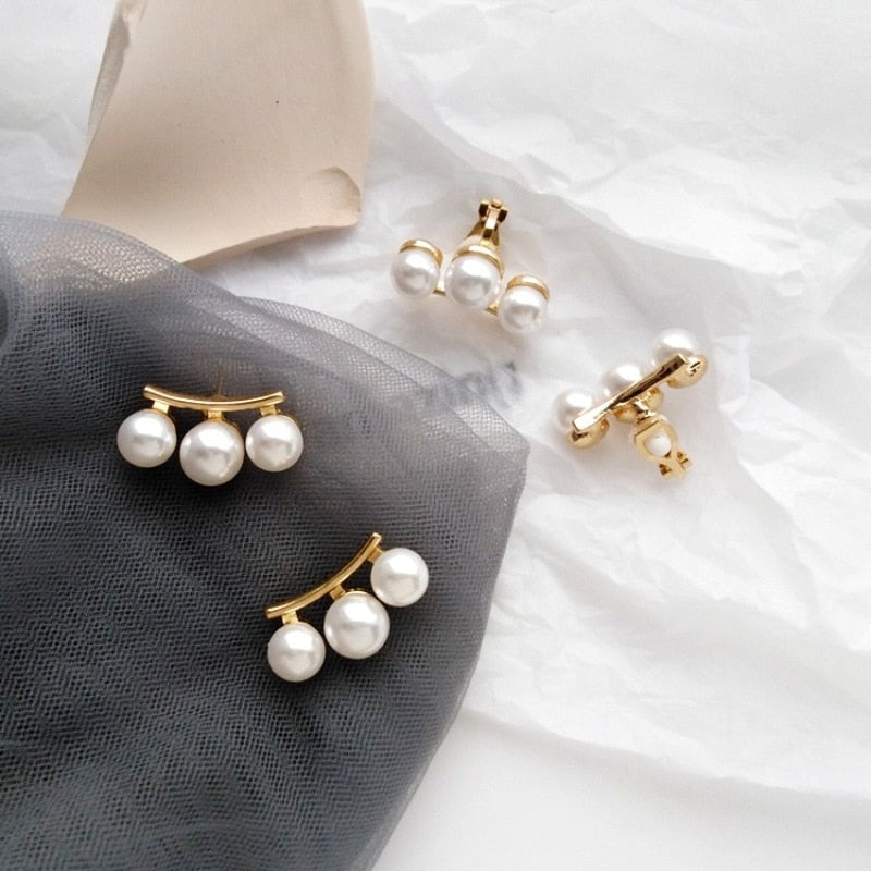 Personality Trend Simple Geometric Shape Imitation Pearl Stud Earrings Korea Women Girl Fashion Creative Small Ear Clip Jewelry