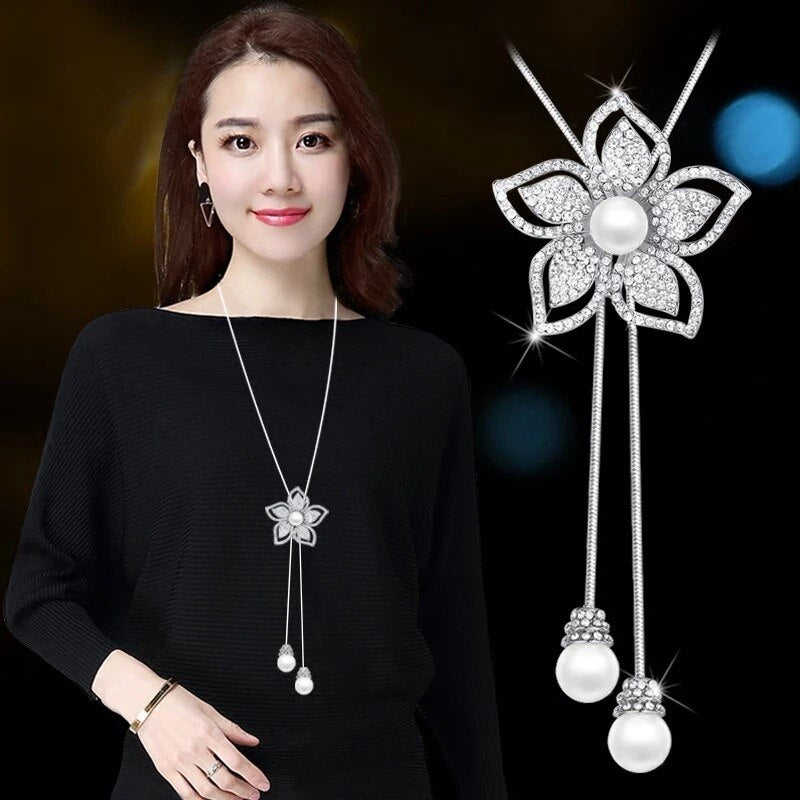 RAVIMOUR New Choker Flower Women Necklaces & Pendants Chain Long Kolye Simulated Pearl Jewelry Korean Collar Mujer 2018