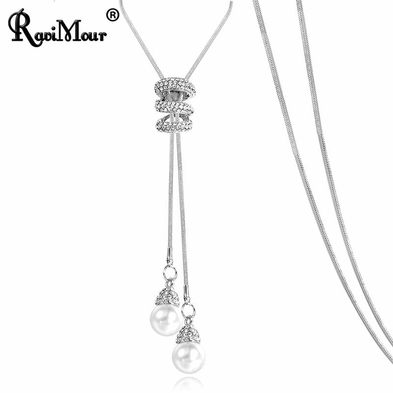 RAVIMOUR Simulated Pearl Choker Necklaces for Women Silver Color Chain Long Necklace Pendant Jewelry Accessories Trendy Kolye