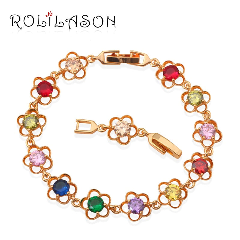 ROLILASON Gold Tone Charm Bracelets AAA Zircon & Beautiful Color Crystal Health Nickel Lead free Fashion jewelry TB389