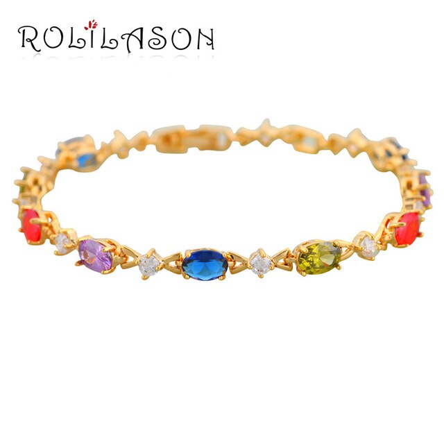 ROLILASON Noble Gold Tone Bracelets AAA Zircon Beautiful Color Crystal Health Nickel Lead free Fashion jewelry TB243