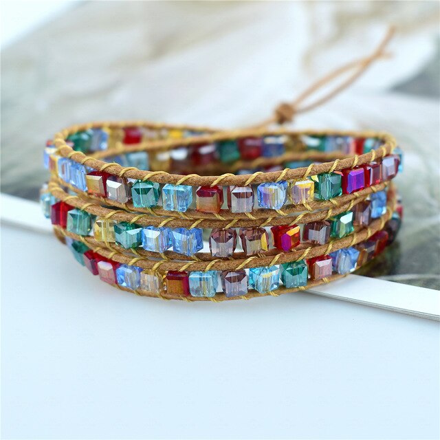 Rainbow Crystal Beads Weaving Handmade Friendship Bracelet Crystal Boho Couple 1 2 3 Wrap Bracelet 7 Chakras Jewelry Gifts
