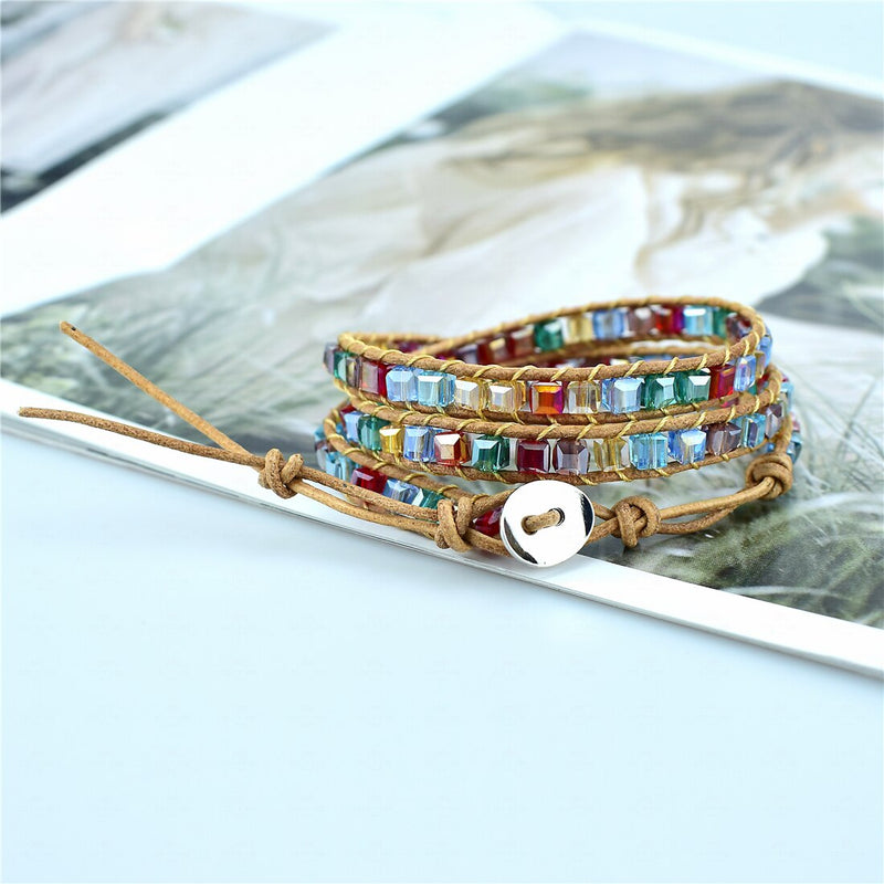 Rainbow Crystal Beads Weaving Handmade Friendship Bracelet Crystal Boho Couple 1 2 3 Wrap Bracelet 7 Chakras Jewelry Gifts