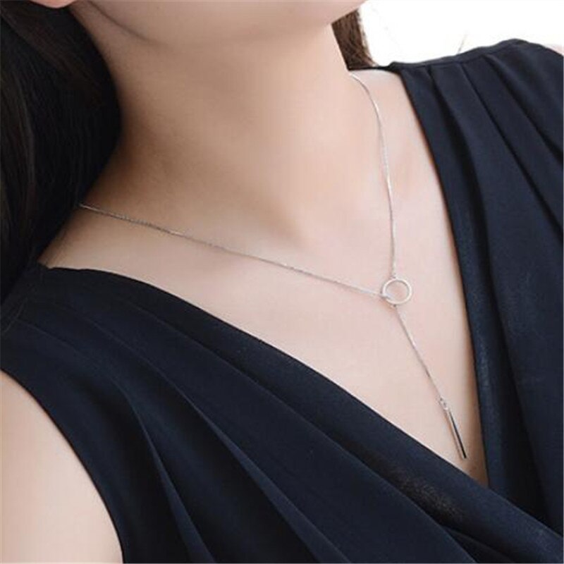Real 925 Sterling Silver Jewelry Geometry Circle Strip Long Chain Pendants&Necklaces Sterling-silver Choker Necklace for Women