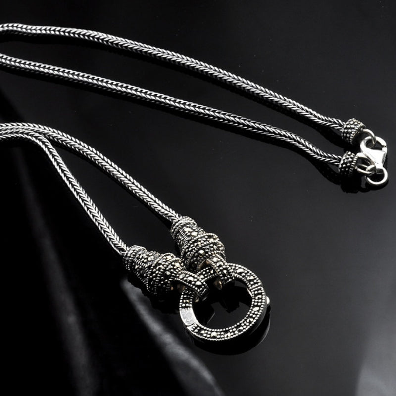Real Silver Long Chain Retro Necklace Women S925 Sterling Silver Marcasite Stone Pendant Necklace Thai Silver Necklace Jewelry