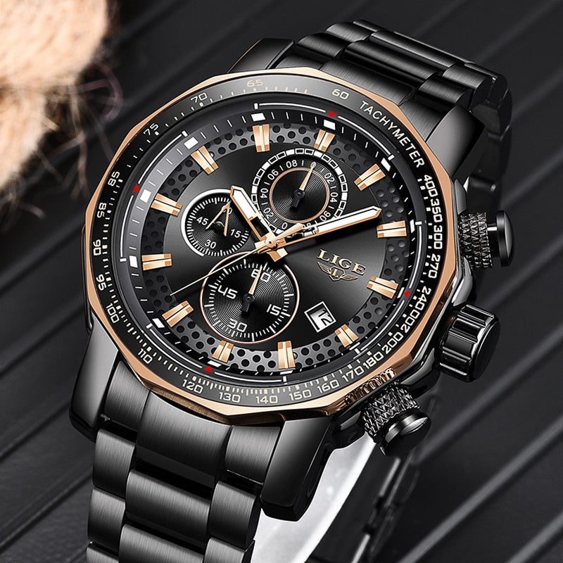 Relogio Masculino LIGE New Sport Chronograph Mens Watches Top Brand Luxury Full Steel Quartz Clock Waterproof Big Dial Watch Men