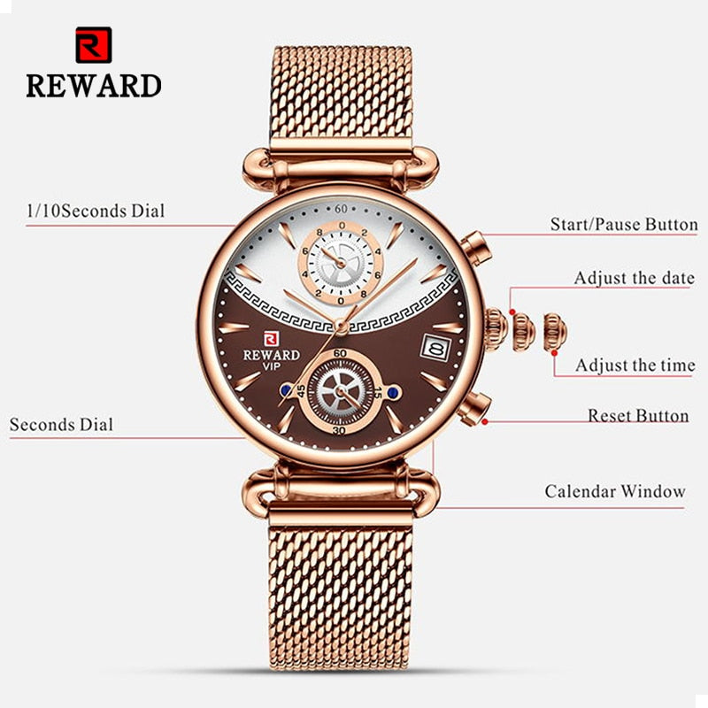 Reward Fashion Quartz Watch Chronograph Calendar Timepieces Stainless Steel Mesh Wristwatches Waterproof Women Wrist Watches