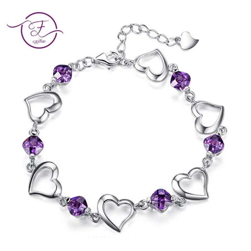 Romantic Love Heart Bracelets For Women 925 Sterling Silver Jewelry Natural Purple Amethyst Wedding Engagement Party Gift