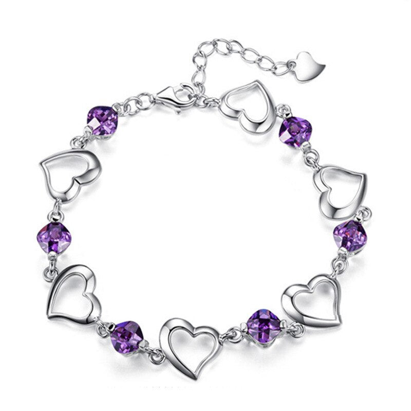 Romantic Love Heart Bracelets For Women 925 Sterling Silver Jewelry Natural Purple Amethyst Wedding Engagement Party Gift