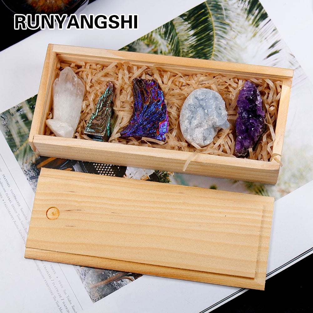 Runyangshi 5pcs/set Natural crystal cluster Original point minerals amethyst cluster Collect woodenbox gifts for Home decoration
