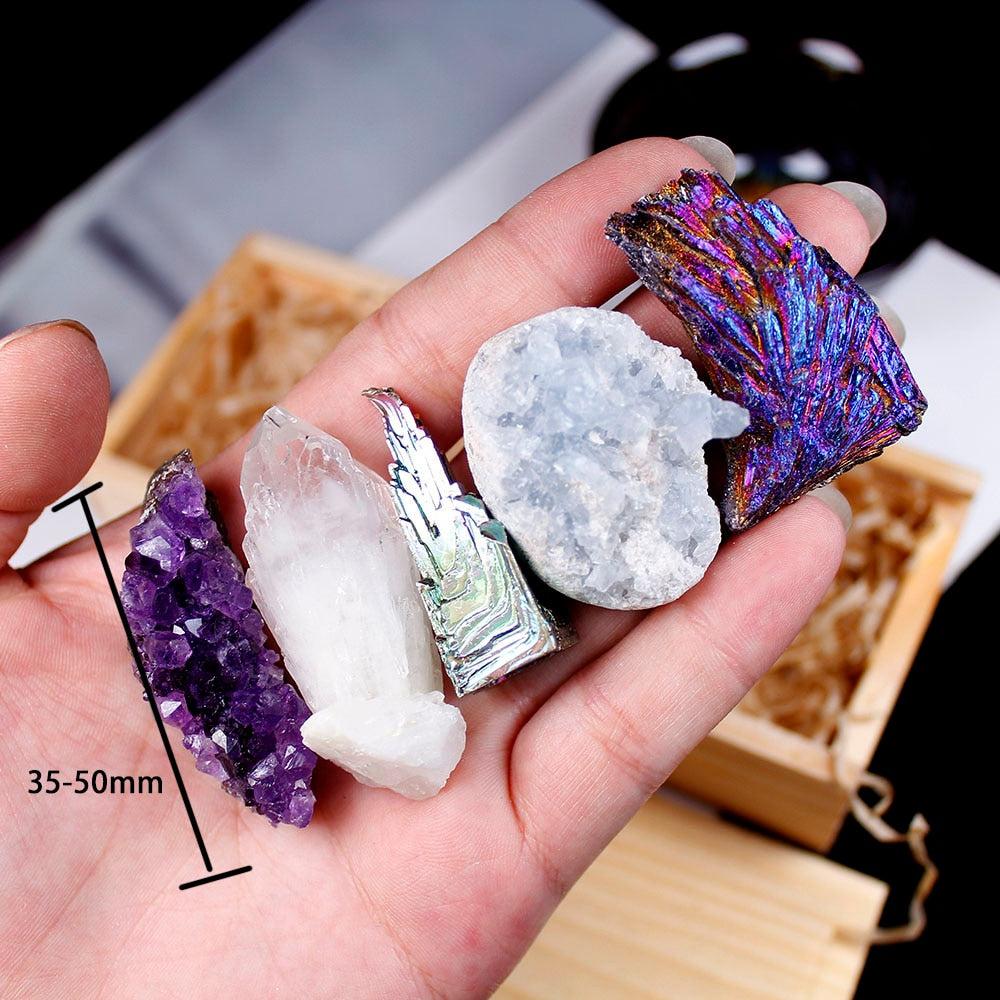 Runyangshi 5pcs/set Natural crystal cluster Original point minerals amethyst cluster Collect woodenbox gifts for Home decoration