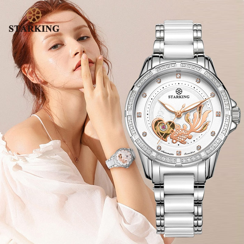 STARKING Mechanical Watch Women Automatic Skeleton Fashion Ladies Dress Watch With Rhinestone White Ceramic Wristwatches Relogio
