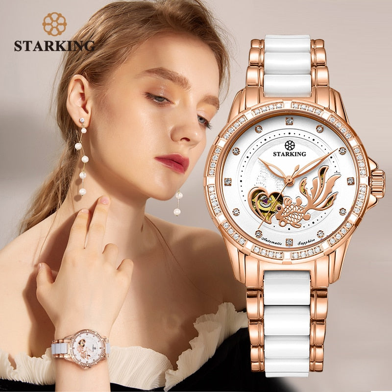 STARKING Womens Mechanical Watch Automatic Self-wind Wrist Watch 50M Waterproof Ceramic & Steel Female Clock Vintage Timepieces