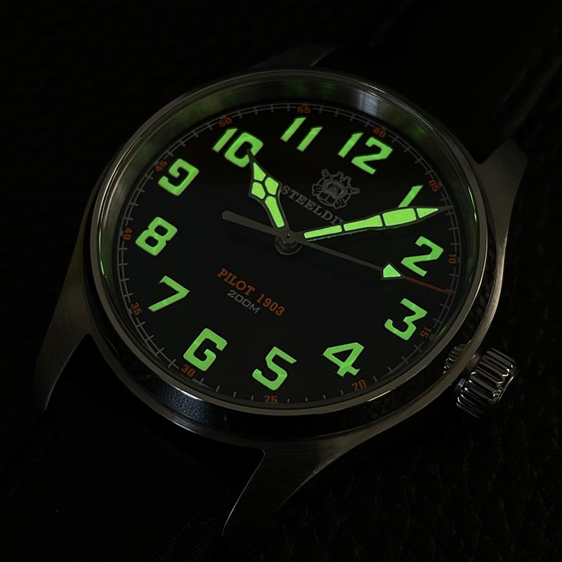 STEELDIVE Mens Pilot Watches 37mm Luxury Watch Military Quartz Wristwatch 20Bar Waterproof C3 Luminous Sapphire Leather Strap