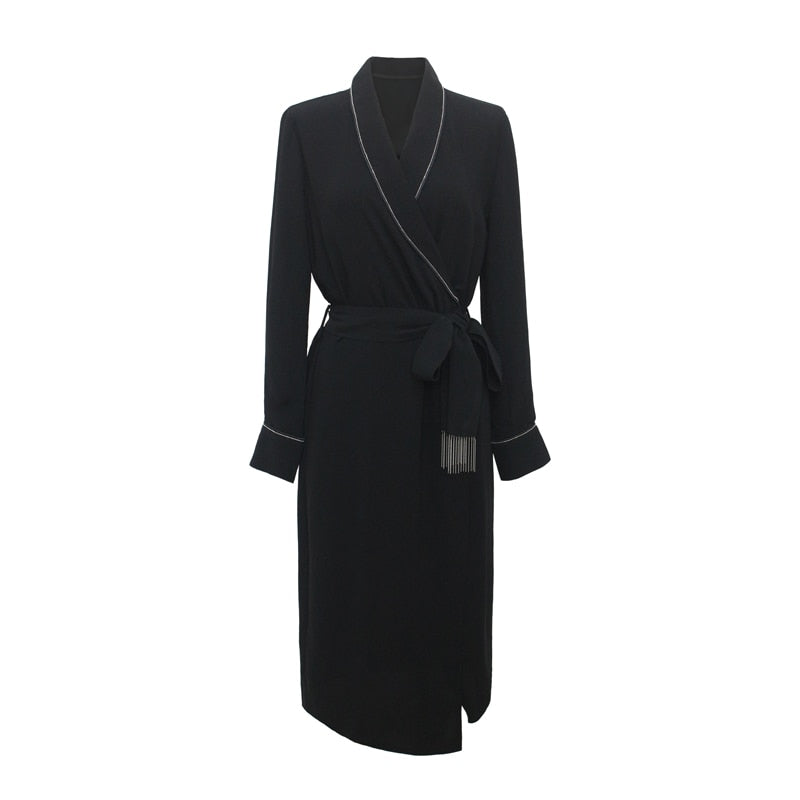 Shiny Vintage Black Chiffon Sashes Wrap Dress Ladies Long Sleeve Elegant Party Dresses 2021 Spring Autumn Women Clothes Vestidos