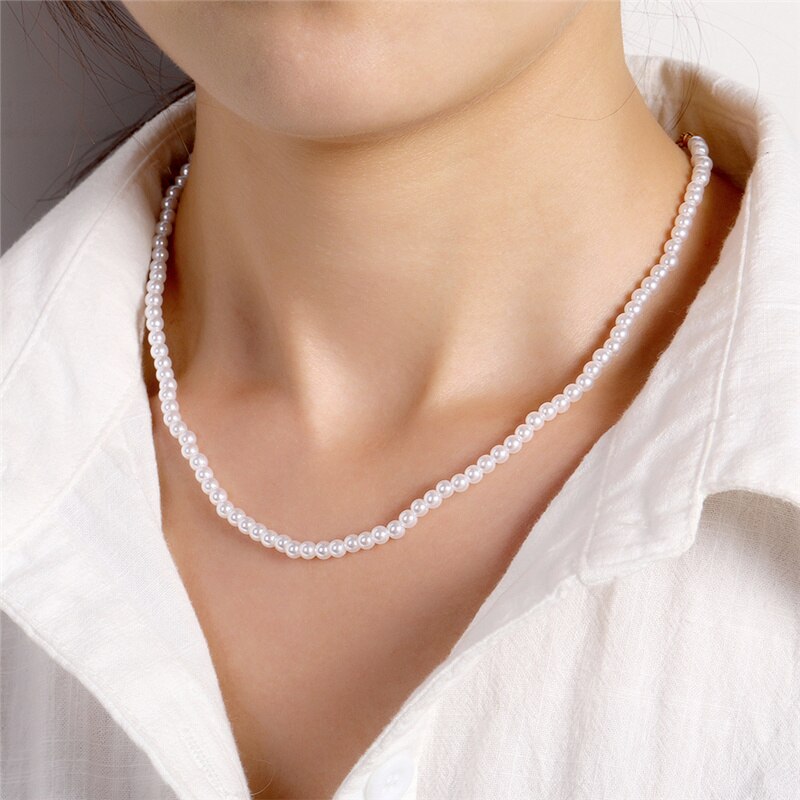 Simple Classic Small Round Pearl Choker Necklace Collar Clavicle Chain Women White Pearls Necklace Gold Color Wedding Jewelry