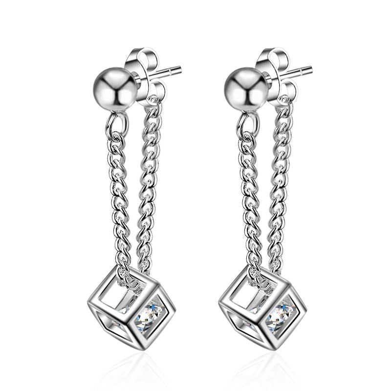 Simple Elegant 925 Sterling Silver Cube Love Window Zircon Tassel Sugar Drop Earrings For Women brincos oorbellen Best Gift