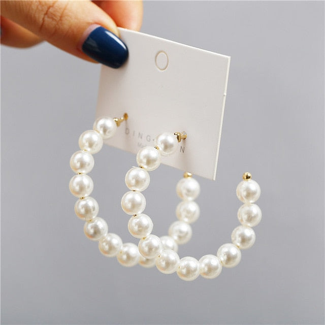 Simple Plain Gold Color Metal Pearl Hoop Earrings Fashion Big Circle Hoops Statement Earrings for Women Party Jewelry