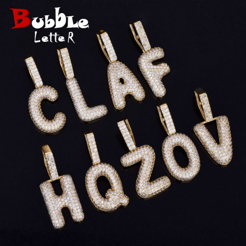 Single Small Bubble Letters Necklaces & Pendant Women Gold Color Cubic Zircon Hip Hop Jewelry Cuban chain