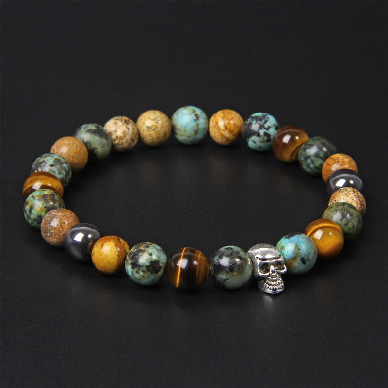 Skull Bracelets For Men Natural Tiger Eye Bracelet Homme Jewelry 8 mmPolished African Turquois Beads Bangle Silverplated Pulsera