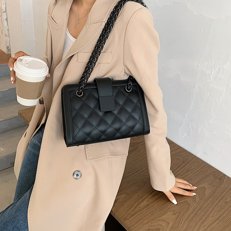 Small Black PU Leather Crossbody Bag For Women 2021 Winter Branded Chain Designer Shoulder Handbags Women's Trend Hand Bag
