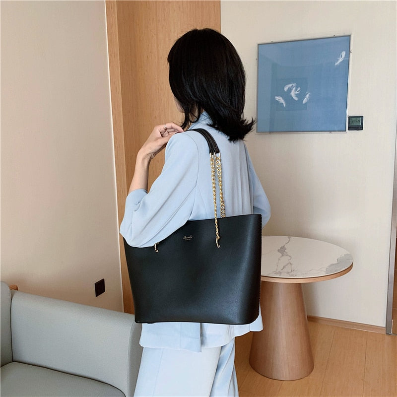 Solid Color PU Leather Shoulder Bags for Women 2021 Chain Design Large Capacity Tote Bag Luxury Hand Bag Female Top-Handle Bag