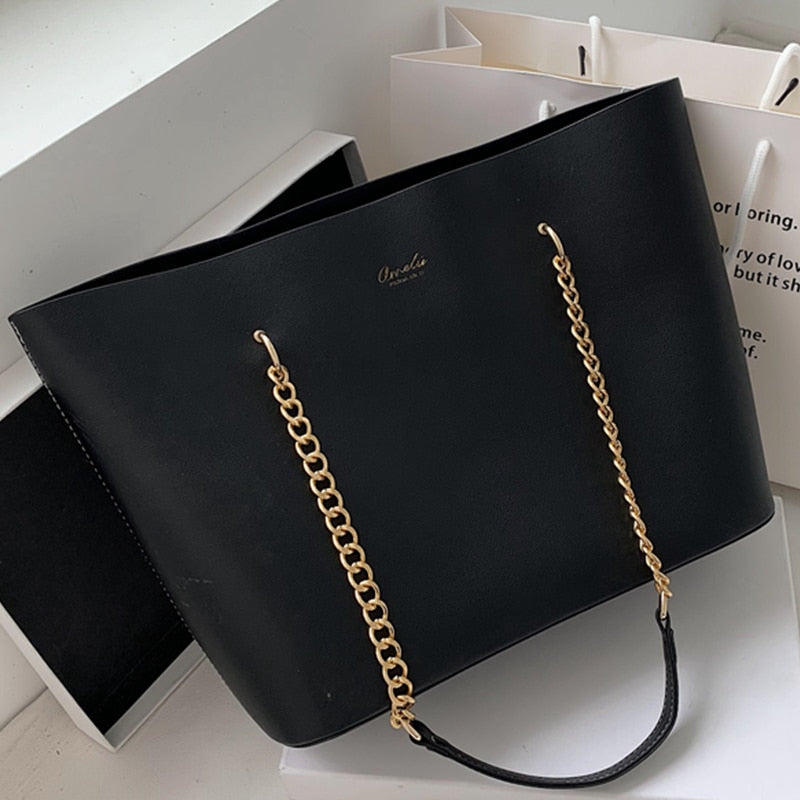 Solid Color PU Leather Shoulder Bags for Women 2021 Chain Design Large Capacity Tote Bag Luxury Hand Bag Female Top-Handle Bag