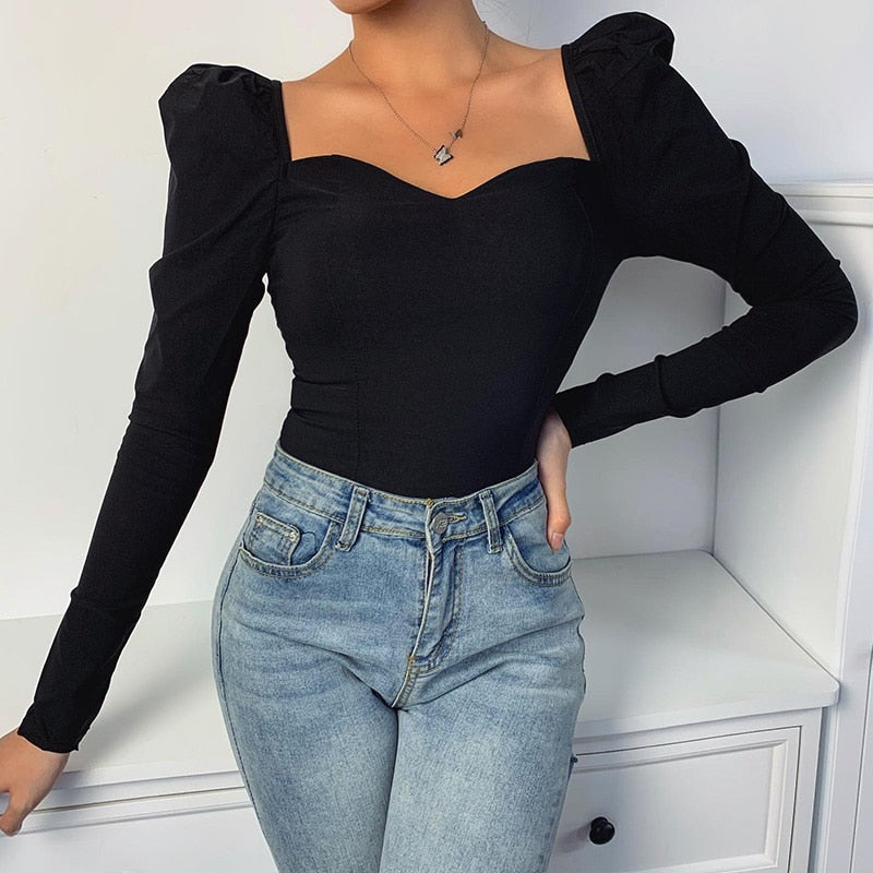 Special Offer Hot Sale Korean 2020 autumn solid color vintage new women shirts puff sleeve square sexy small V-neck Slim blouse