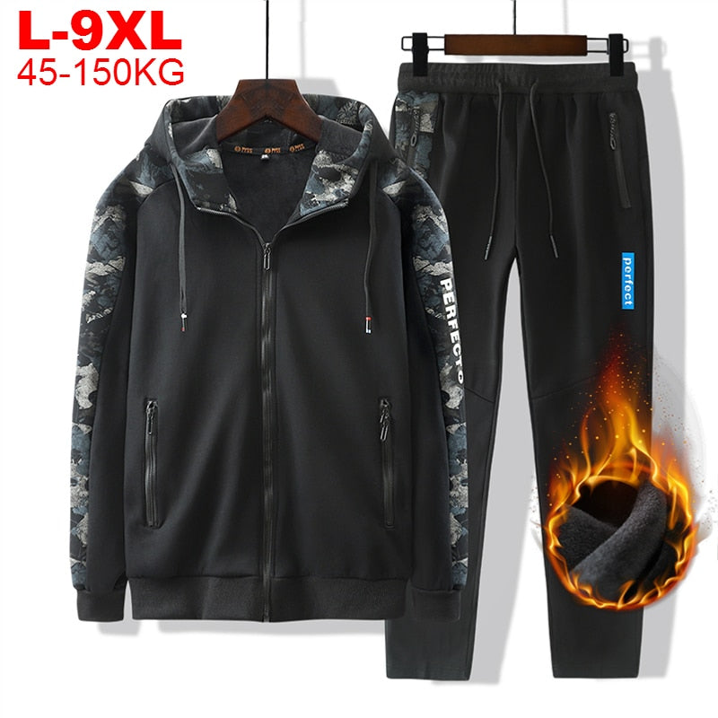 Sportswear Men Set Warm Thick Hooded Jacket+pants 2pc Sets Cashmere Hoodies Zipper Mens Tracksuits Sports Suit Plus Size 8xl 9xl