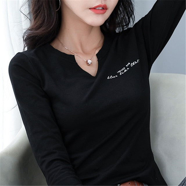 Spring 2021 Cotton T-shirt Women Casual V-neck Slim Stretchy Letters Print Long Sleeve Tops Tees Tshirt Women Clothing T01302Y