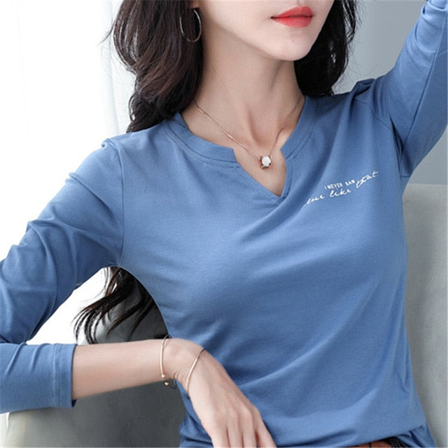 Spring 2021 Cotton T-shirt Women Casual V-neck Slim Stretchy Letters Print Long Sleeve Tops Tees Tshirt Women Clothing T01302Y