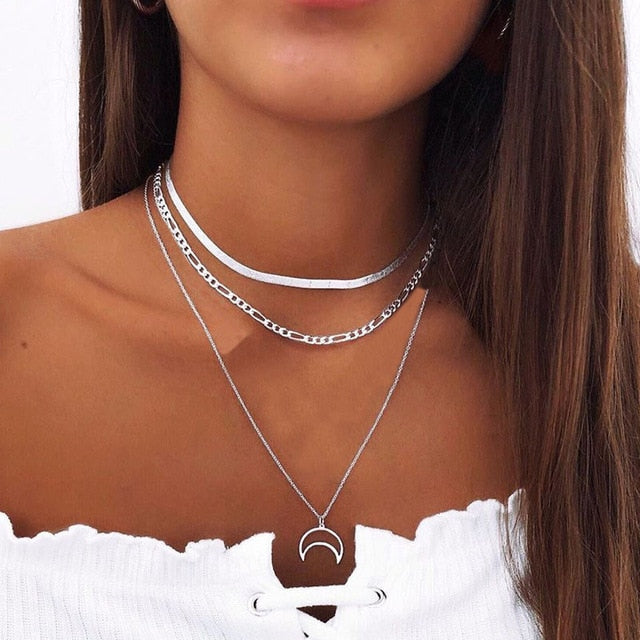 Star Jewelry Cute Heart Love Simple Multi layer Choker Necklace Statement Chain Lotus Boho Pendants Necklaces  Bijoux Female
