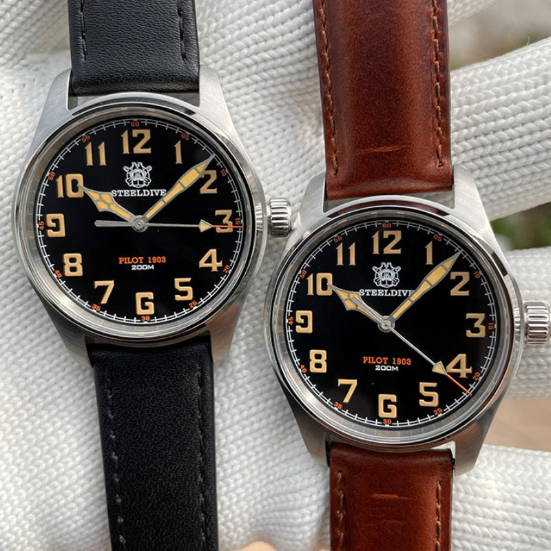 Steeldive 36mm Pilot Watch for Men Quartz Movement Leather Strap Sapphire Stainless C3 Luminous Military Simple Wristwatches