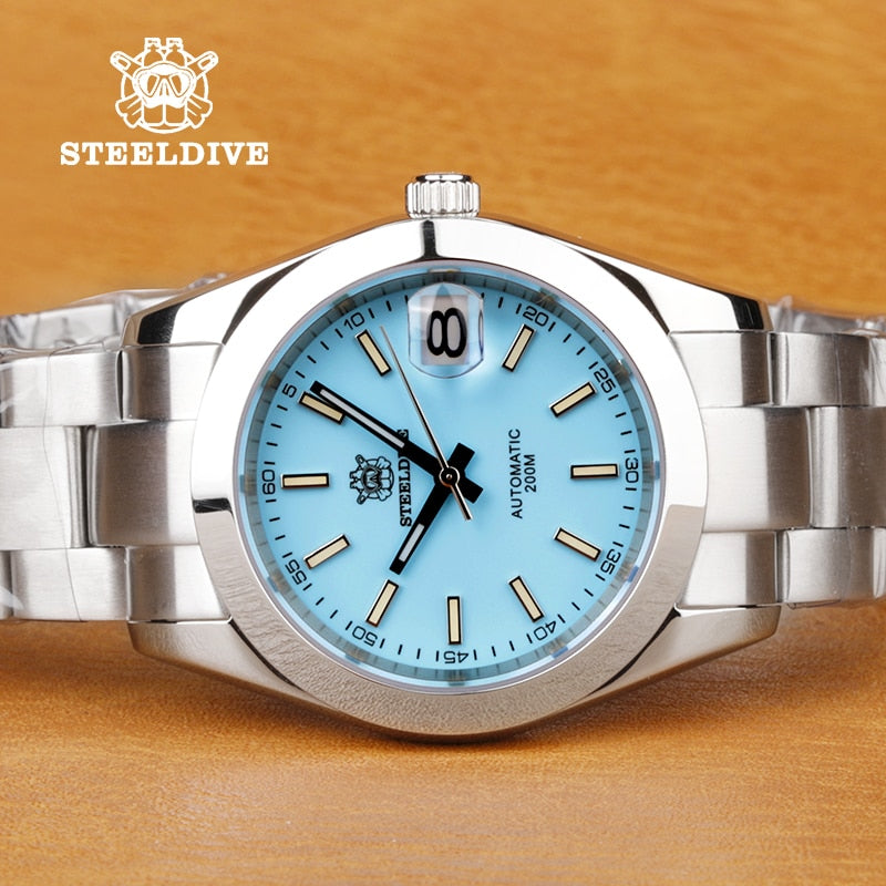 Steeldive SD 1934 Diver Watch Water Ghost Men Automatic Mechanical Watches Coral Blue Dial 20Bar Luminous Date Window
