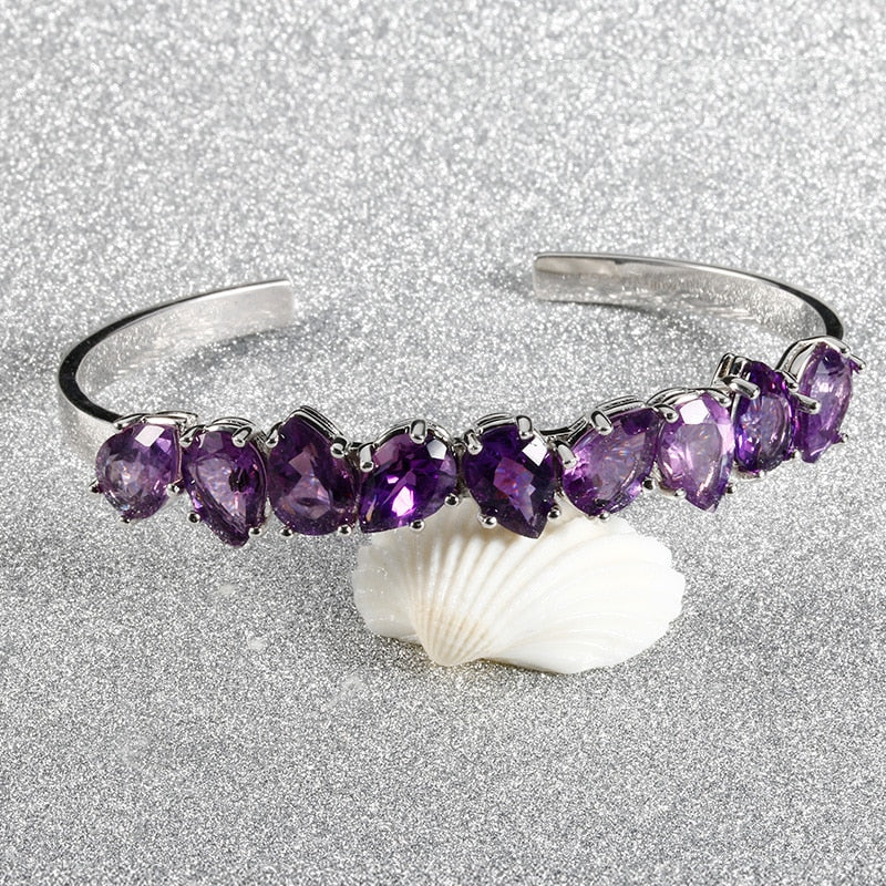 Sterling Silver 925 Bangle For Women Fine Jewelry Bracelet Purple WaterDrop Pear Amethyst Wedding Valentine Day Gift Adjustable