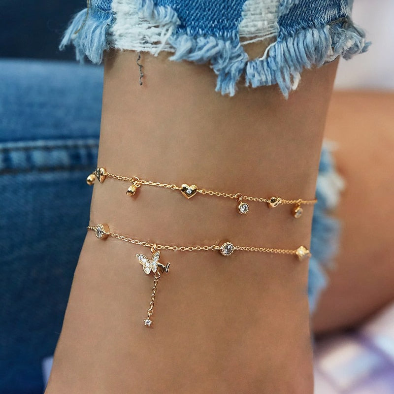 Summer Boho Butterfly Anklet For Women Gold Multilayer Crystal Ankle Bracelet Foot Chain Leg Bracelet Beach Accessories Jewelry