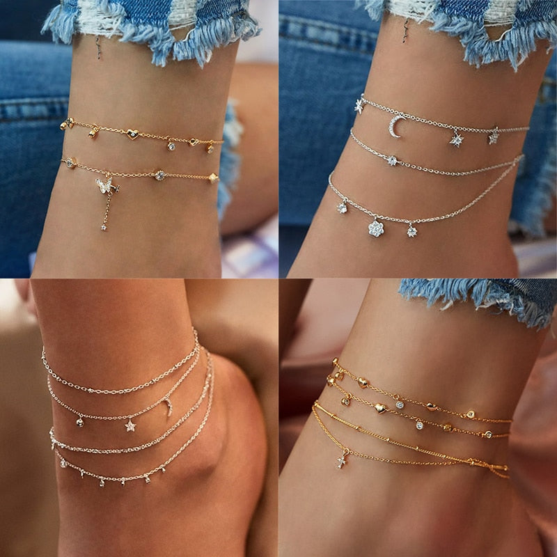 Summer Boho Butterfly Anklet For Women Gold Multilayer Crystal Ankle Bracelet Foot Chain Leg Bracelet Beach Accessories Jewelry
