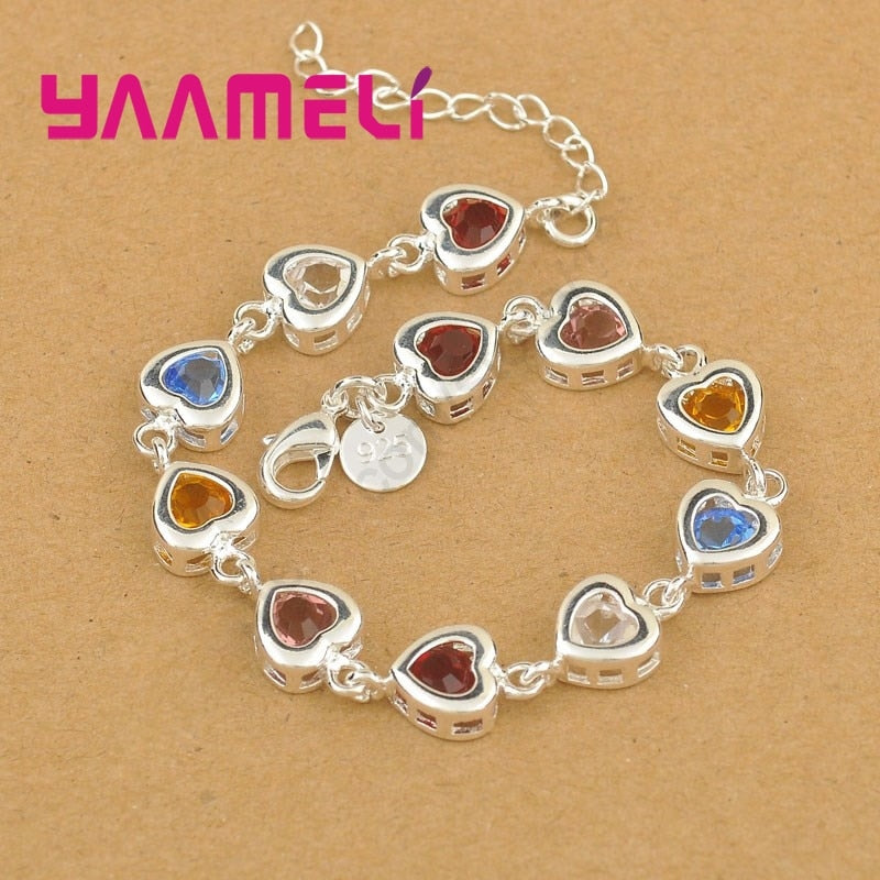 Sweet Valentine's Gifts Shining 925 Sterling Silver Multicolor Cubic Zircon Stone Heart Charms Women Ladies Bracelet HOT