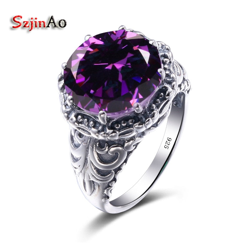 Szjinao Pure 925 Sterling Silver Jewelry Round Amethyst Women Engagement Victoria Wieck Wedding Rings Vintage Wholesale