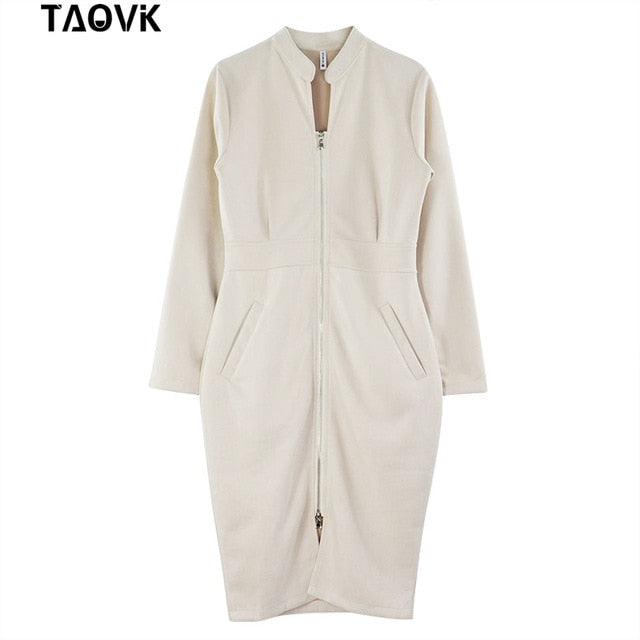 TAOVK Women's Dress Long Sleeve Bodycon Zippers Vintage Stand Collar Office women's Dresses
