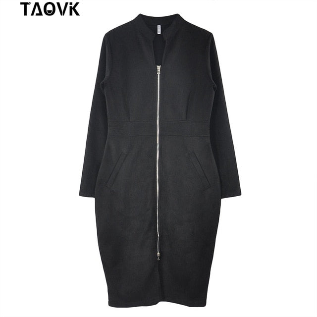 TAOVK Women's Dress Long Sleeve Bodycon Zippers Vintage Stand Collar Office women's Dresses