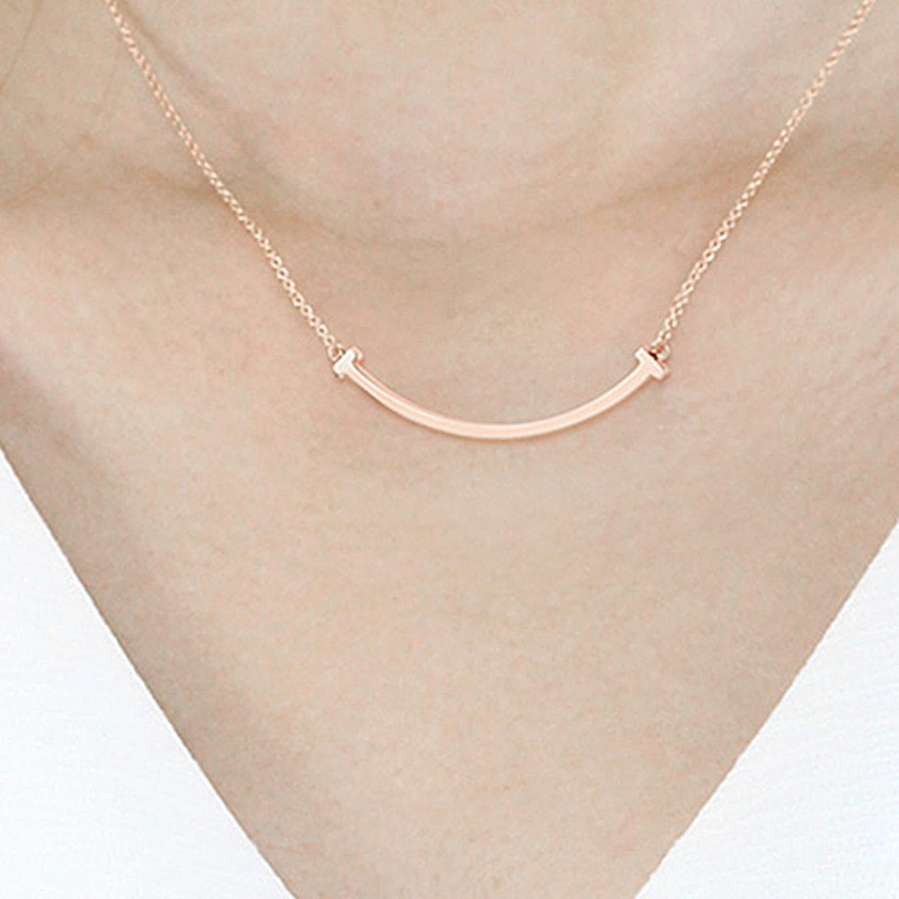 TKJ 925 Sterling Silver Simple Jewelry Smile Hook Necklace for Women 18K Rose Gold  Accessories Girl's Gift