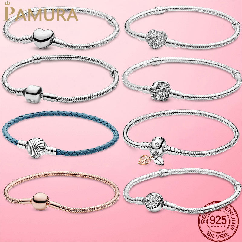TOP SALE 6 Styles 925 Sterling Silver Heart Snake Chain Bracelet For Women Fit Original Pamura Charm Beads Jewelry Gift