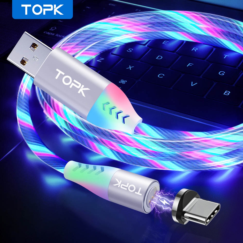 TOPK 3A Flowing Light LED Magnetic Cable Micro USB Type C Cable Fast charging Data Cable for iPhone Samsung USB-C Phone Cables