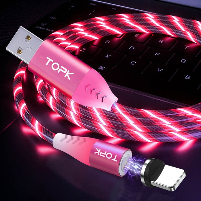 TOPK 3A Flowing Light LED Magnetic Cable Micro USB Type C Cable Fast charging Data Cable for iPhone Samsung USB-C Phone Cables