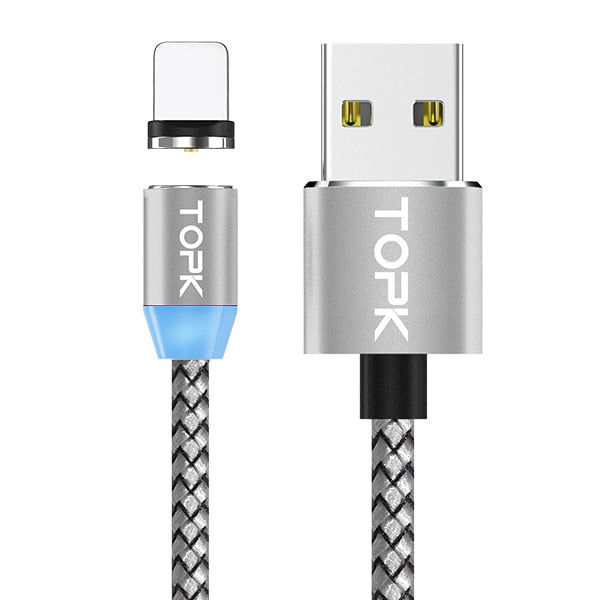 TOPK AM17 2M LED Magnetic USB Cable for iPhone Xs Max Micro USB Type C Cable Samsung Braided Phone Cable Magnet Charging Wire