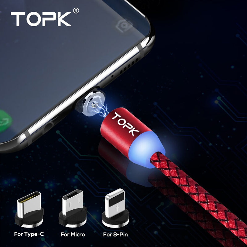 TOPK AM17 LED Magnetic USB Cable , 1M & 2M Magnet USB Type C Cable & Micro USB Cable & USB Cable for iPhone X 8 7 6 Plus