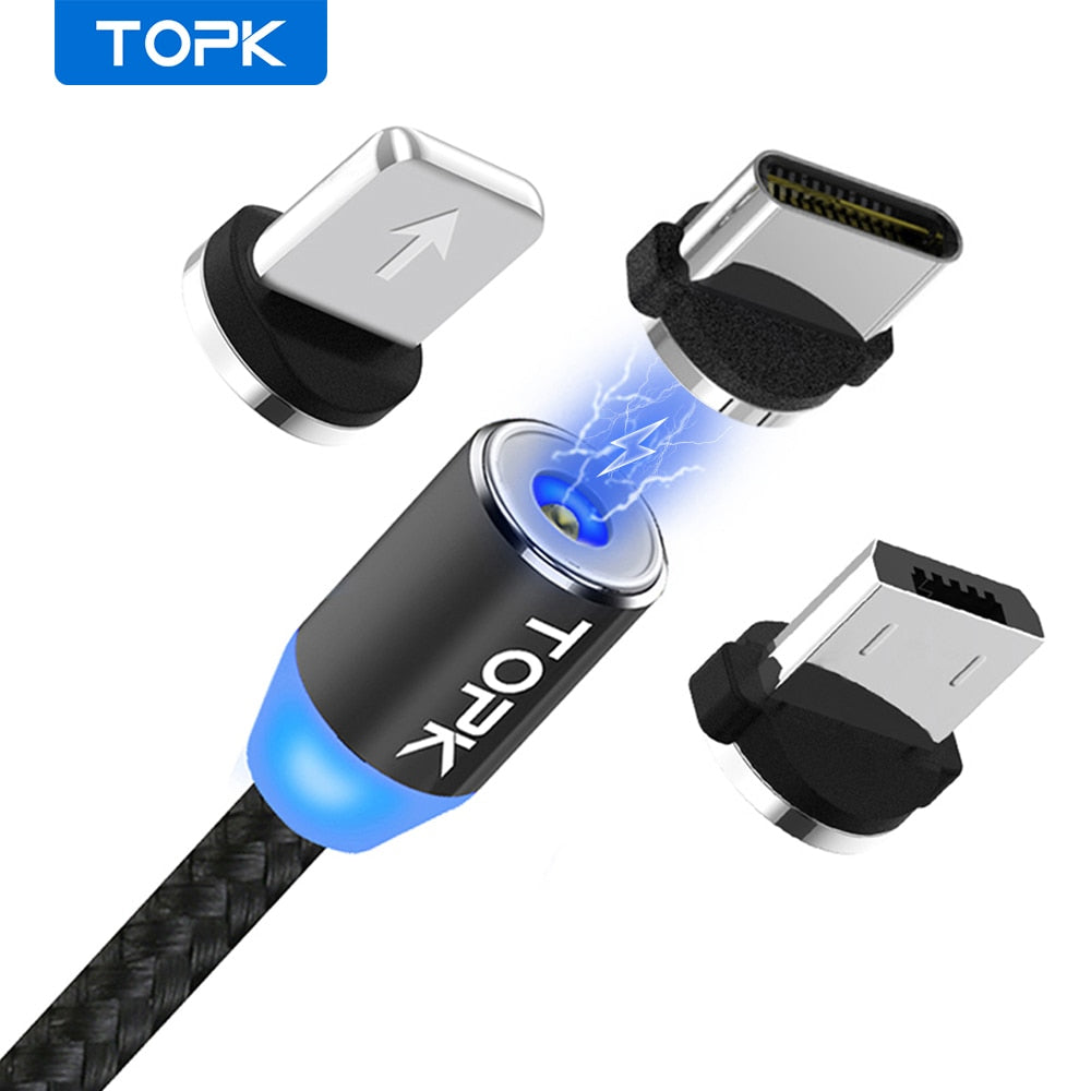 TOPK AM23 1M LED Magnetic Cable & Micro USB Cable & USB Type C Cable Nylon Braided Type-C Magnet Charger Cable for iPhone Xs Max