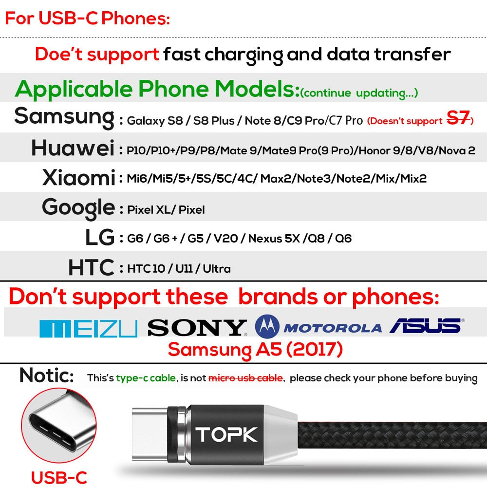 TOPK AM23 LED Magnetic Micro USB Cable USB C Cable For Samsung Xiaomi Android Mobile Phone Cables for iPhone X Xs Max